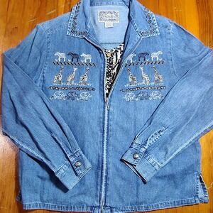 Women's Ton Ton Blues Denim Jacket Safari Animal Embroidery Zip Front Size S‎